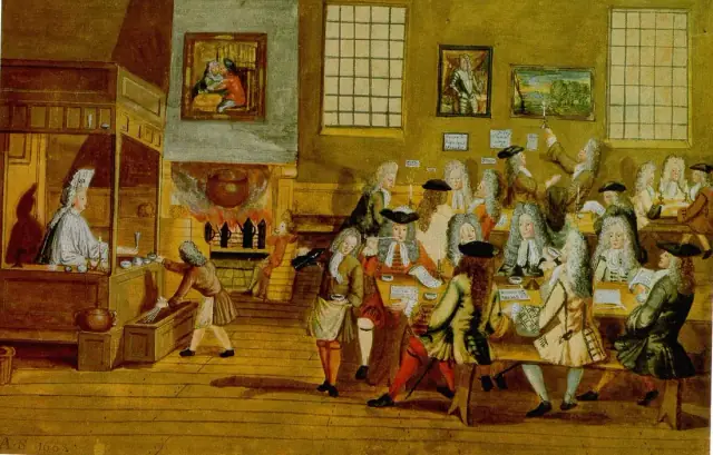 A painting of a crowded London coffee house