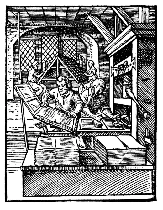 A woodcut of printers working a hand press
